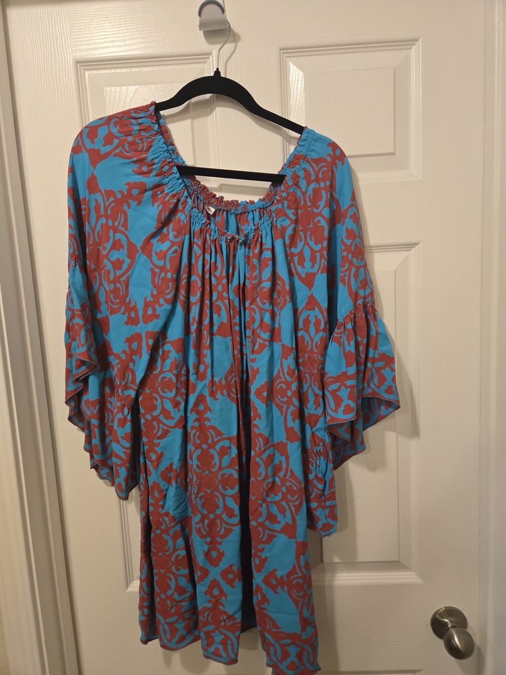 Boho Turquoise & Rust Mini Dress with Ruffled Sleeves